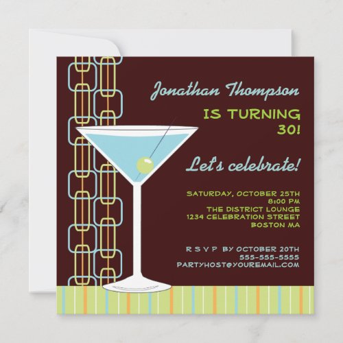 Retro Blue Martini Birthday Party Invitation