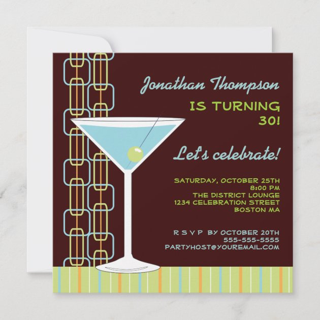 Retro Blue Martini Birthday Party Invitation | Zazzle