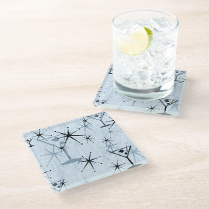 Retro Blue Martini Stars Glass Coaster