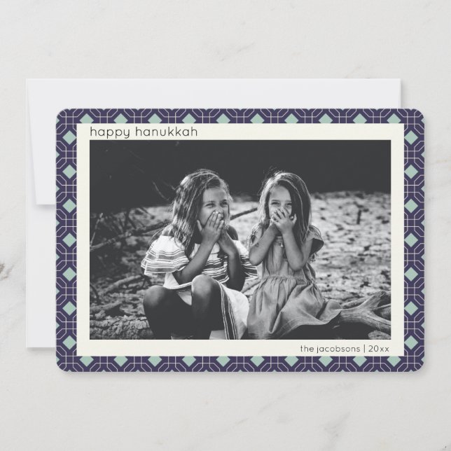 Retro Blue Mid Century Mod Pattern Hanukkah Photo Holiday Card (Front)