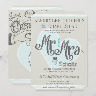 Retro Blue Mint Mr and Mrs Typography Wedding Invitation