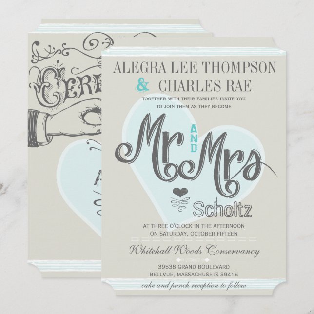Retro Blue Mint Mr and Mrs Typography Wedding Invitation (Front/Back)
