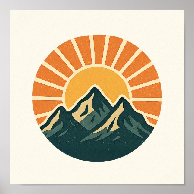 Retro Blue Mountain Sunrise Outdoor Nature Sun Art Poster (Front)