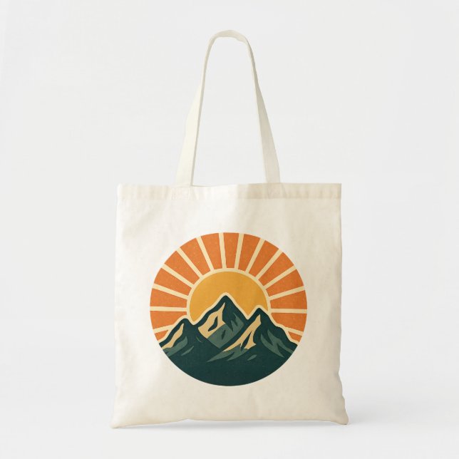 Retro Blue Mountain Sunrise Outdoor Nature Sun Art Tote Bag (Front)