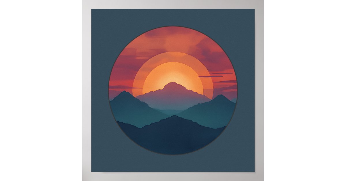Retro Blue Mountain Sunset | Nature Watercolor Art Poster | Zazzle