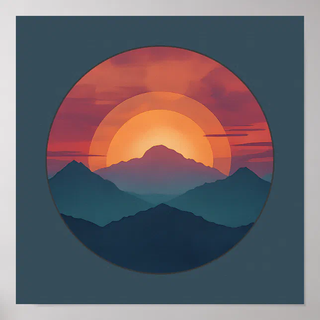 Retro Blue Mountain Sunset | Nature Watercolor Art Poster | Zazzle