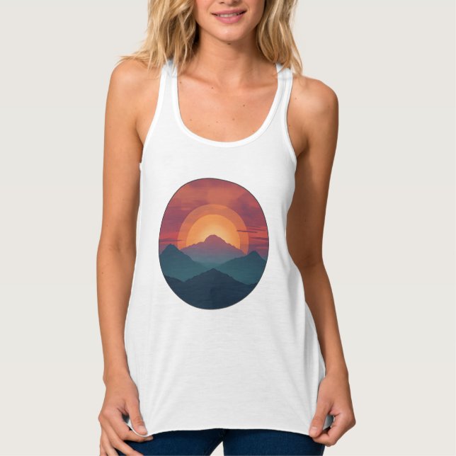 Retro Blue Mountain Sunset | Nature Watercolor Art Tank Top (Front)