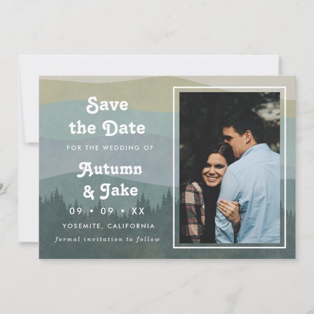 Retro Blue Mountains & Forest Photo Wedding Save The Date (Front)