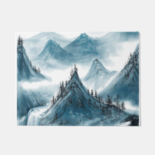 Retro Blue Mountains Landscape Painting Doormat