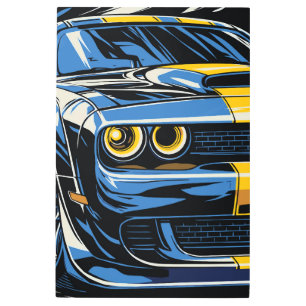 Retro Blue Muscle Car Front Pop Art Illustration