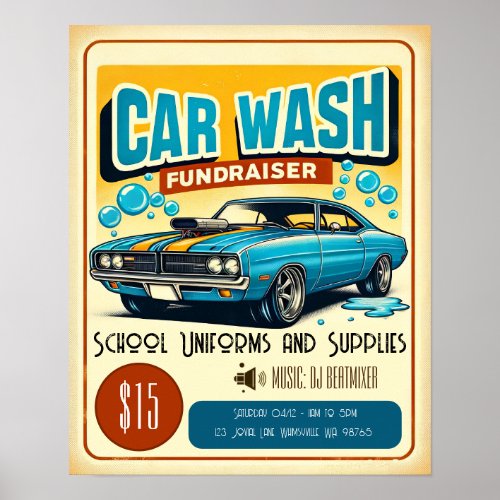 Retro Blue Muscle Car Wash Fundraiser Poster