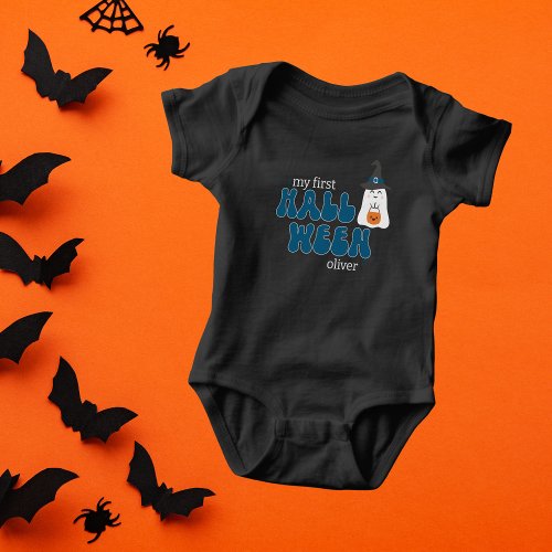 Retro Blue My First Halloween with Cute Ghost Baby Bodysuit