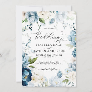 Retro Blue Navy Cream All In 1 QR Code Wedding Invitation