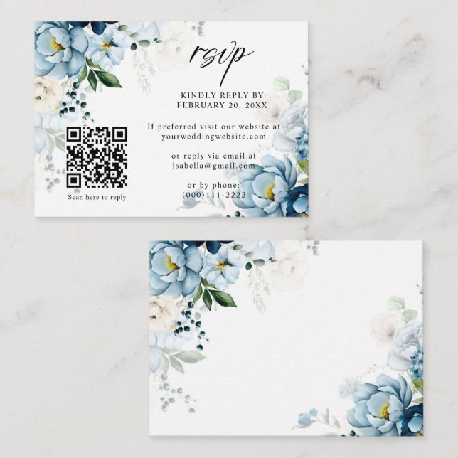 Retro Blue Navy Cream Floral QR Code Wedding RSVP Enclosure Card (Front/Back)