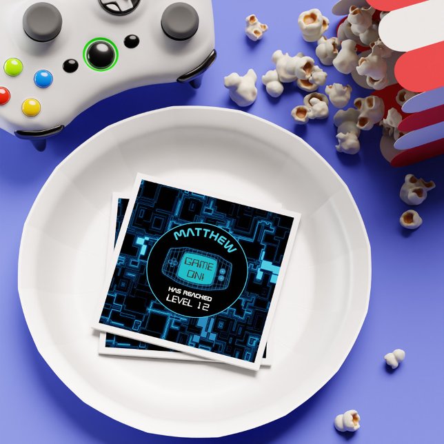 Retro Blue Neon Boy Gamer for Kids Birthday Party Napkins (Retro Blue Neon Boy Gamer for Kids Birthday Party Napkins)