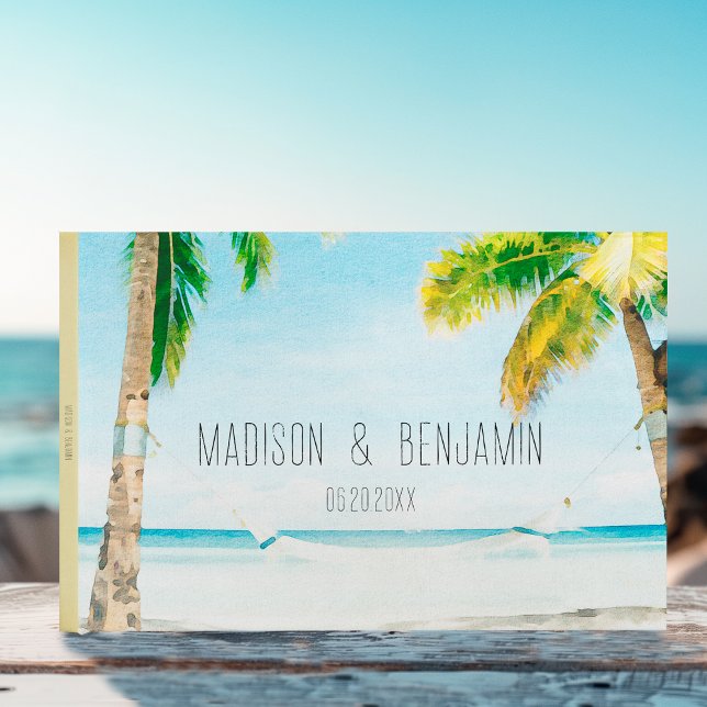 Retro Blue Ocean Beach Palm Trees Tropical Wedding Guest Book (Creator Uploaded)