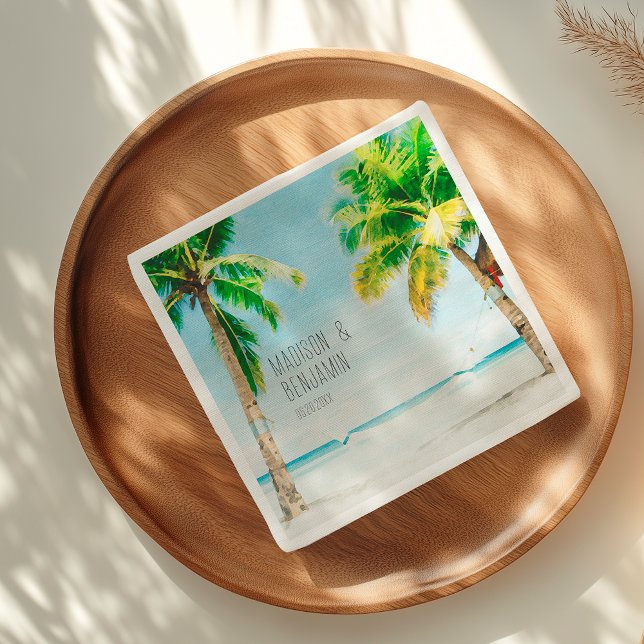 Retro Blue Ocean Beach Palm Trees Tropical Wedding Napkins (Creator Uploaded)