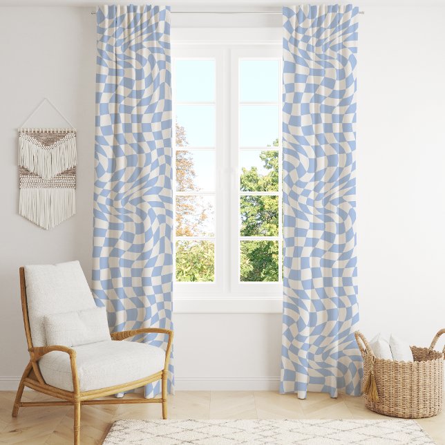 Retro Blue Optical Illusion Wavy Checkered Blackout Curtains (Creator Uploaded)