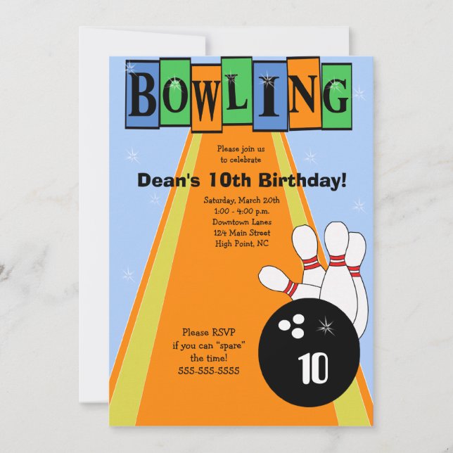Retro Blue & Orange Birthday Bowling Party Invite (Front)