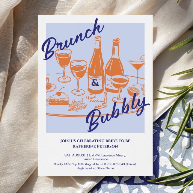 Retro blue orange “Brunch & Bubbly” Bridal Shower Invitation (Creator Uploaded)