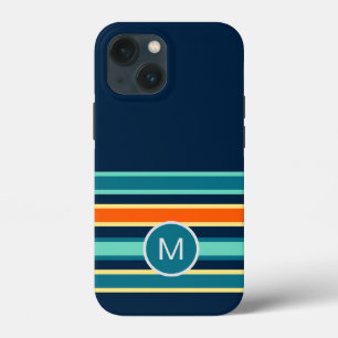 Retro Blue Orange Custom Color Striped Monogram iPhone 13 Mini Case