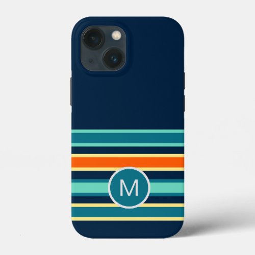 Retro Blue Orange Custom Color Striped Monogram iPhone 13 Mini Case