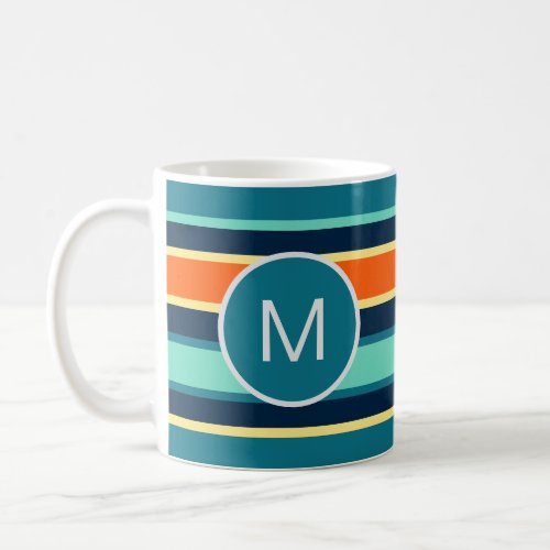 Retro Blue Orange Custom Color Striped Monogram Coffee Mug