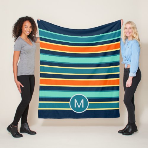 Retro Blue Orange Custom Color Striped Monogram Fleece Blanket