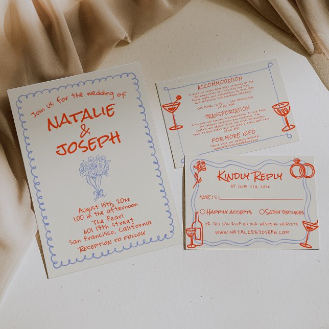 Retro blue Orange Hand Drawn Written Funky Wedding Invitation (Creator Uploaded)