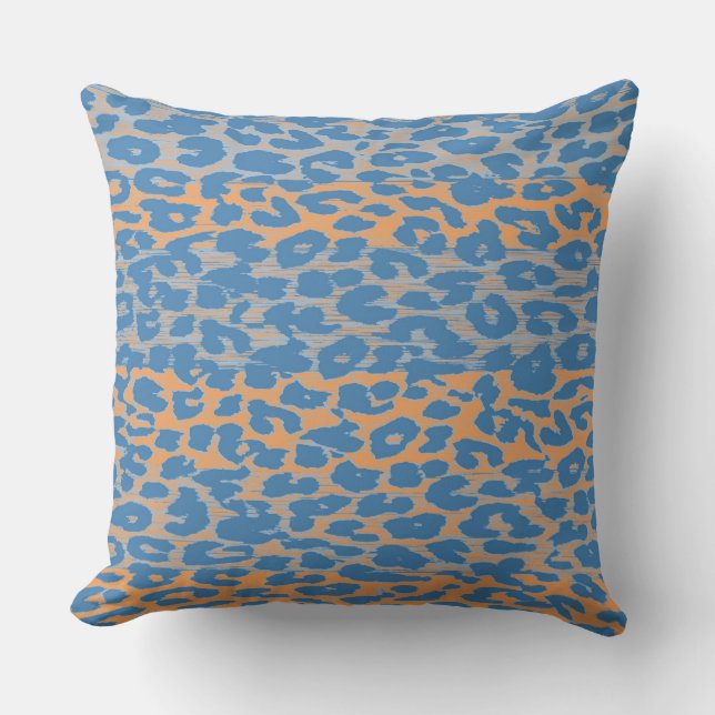 Retro Blue Orange Leopard Print Skin Throw Pillow (Front)