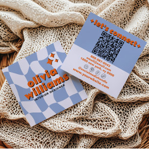 Retro Blue Orange QR Code Groovy Checkered Trendy Square Business Card