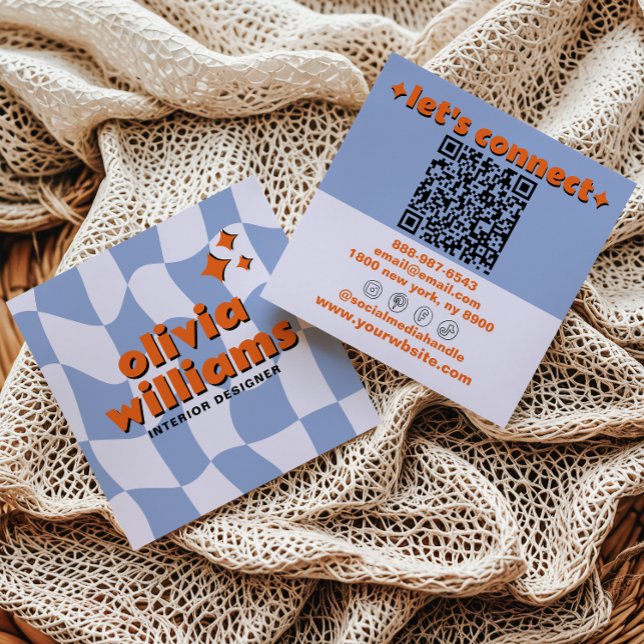 Retro Blue Orange QR Code Groovy Checkered Trendy Square Business Card (Creator Uploaded)