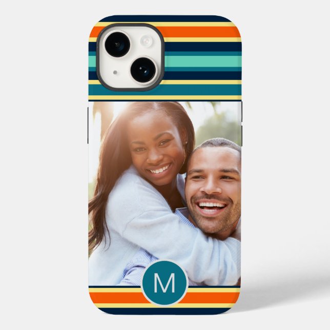 Retro Blue Orange Striped Monogram Custom Photo Case-Mate iPhone Case (Back)