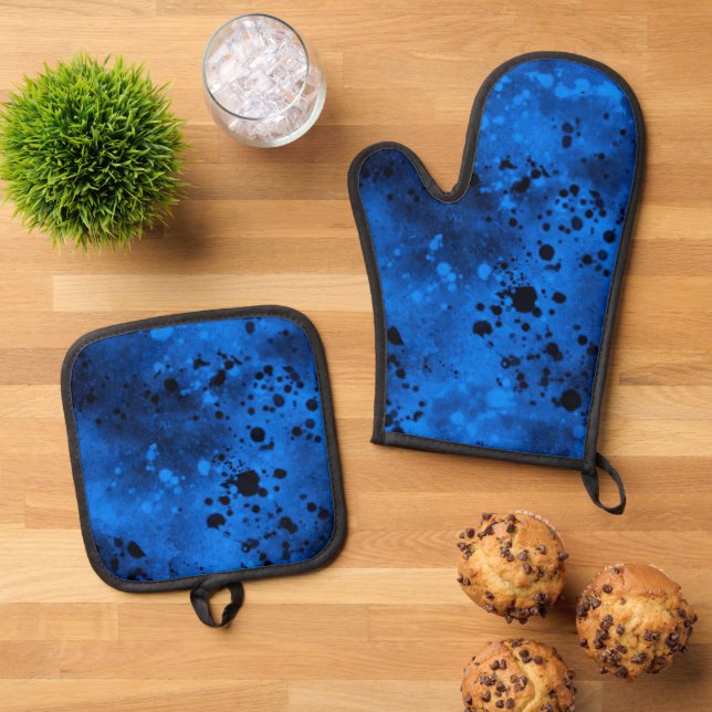 Retro Blue Paint Splatter  Oven Mitt & Pot Holder Set (Top Down)