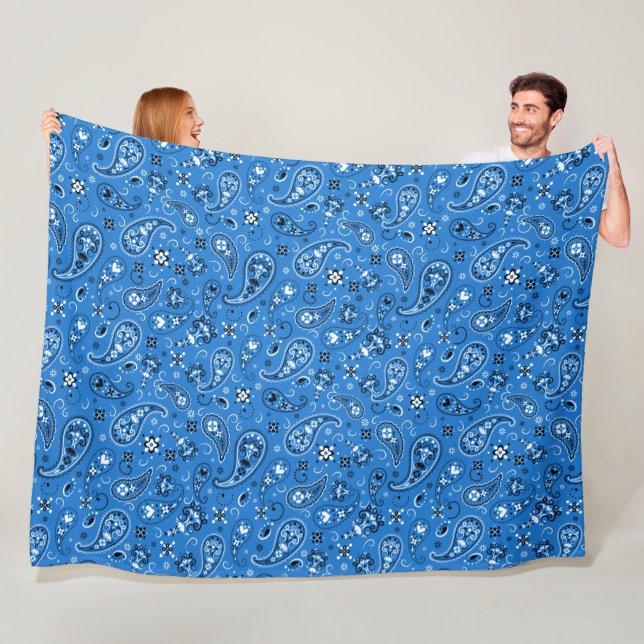 Retro Blue Paisley Bandana Pattern Fleece Blanket (In Situ)