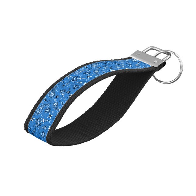 Retro Blue Paisley Bandana Pattern Wrist Keychain (Angled Up)