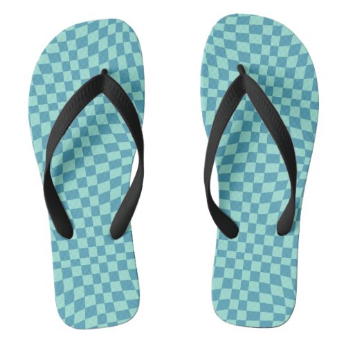 Retro Blue Pastel Warped Checks Checkered  Flip Flops