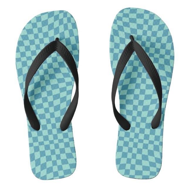 Retro Blue Pastel Warped Checks Checkered  Flip Flops (Footbed)