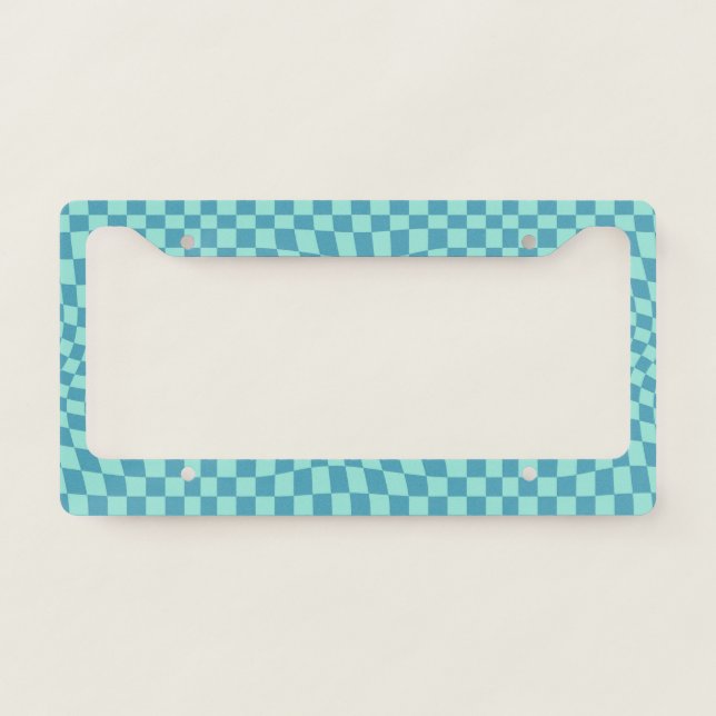 Retro Blue Pastel Warped Checks Checkered License Plate Frame (Front)