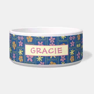 Retro Blue Patchwork Floral Custom Large Dog Bowl