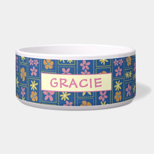 Retro Blue Patchwork Floral Custom Large Dog Bowl (Front)