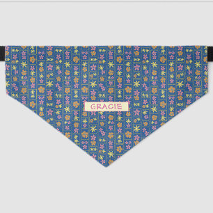 Retro Blue Patchwork Floral Custom Large Pet Bandana Collar