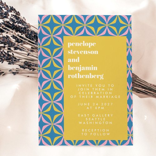 Retro Blue Pattern Fun Bold Typography Wedding Invitation