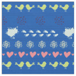 Retro blue pattern of birds, dots, footsteps,  fabric