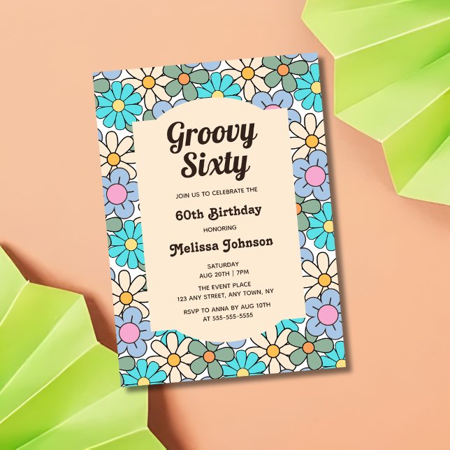 Retro Blue Peach Floral Groovy 60th Birthday Invitation (Creator Uploaded)