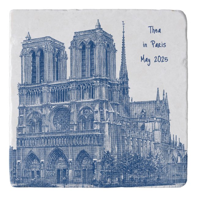 Retro Blue Personalized Notre Dame de Paris Stone Trivet (Front)