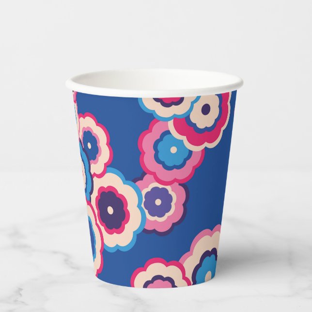 Retro Blue & Pink 60s Floral Pattern Paper Cups (Front)