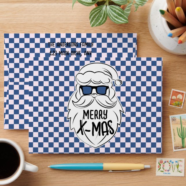 Retro Blue & Pink Checkered Santa Claus Christmas Envelope (Desk)