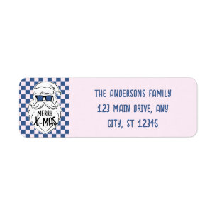 Retro Blue Pink Checkered Santa Claus Christmas Label