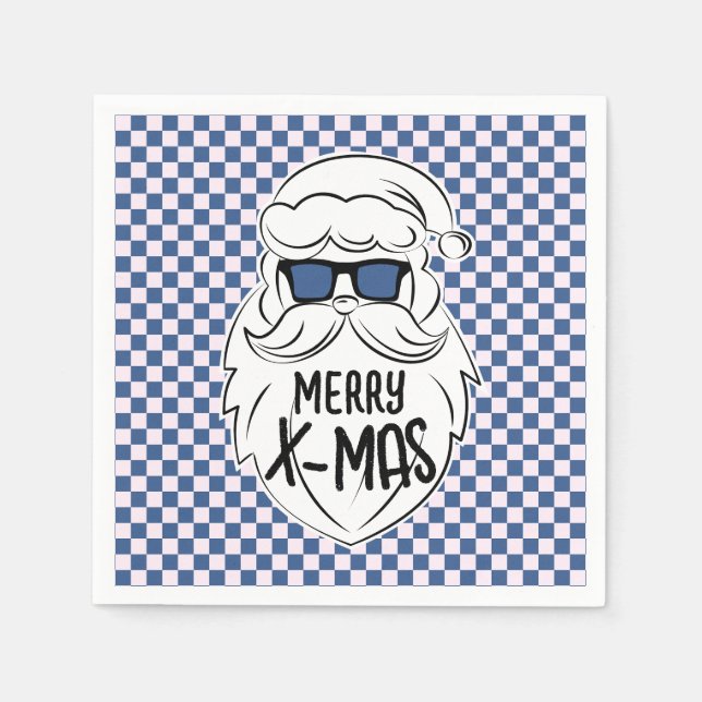 Retro Blue Pink Checkered Santa Claus Christmas  Napkins (Front)